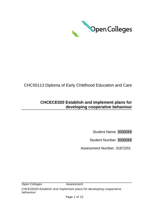 CHCECE020 Establish and implement plans for developing cooperative behaviour_1