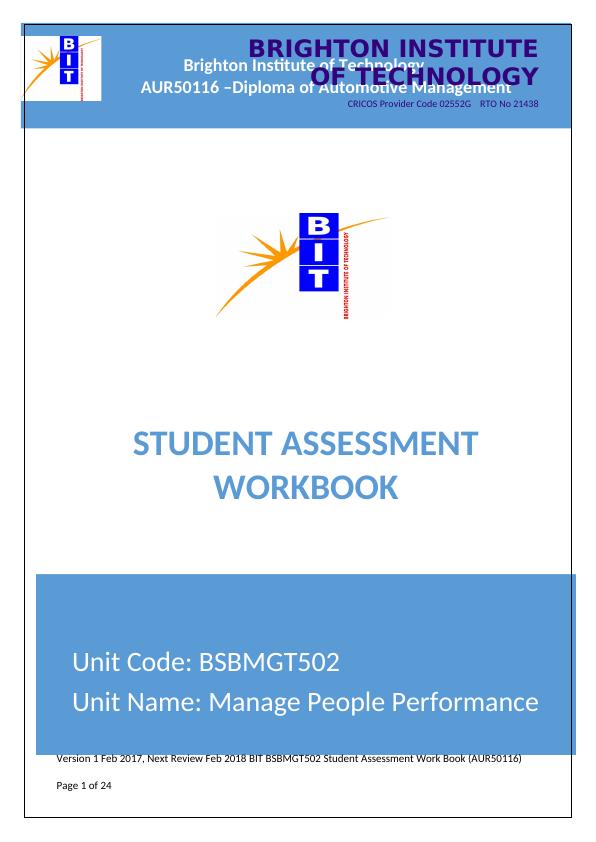 BSBMGT502 : Manage People Performance Assignment