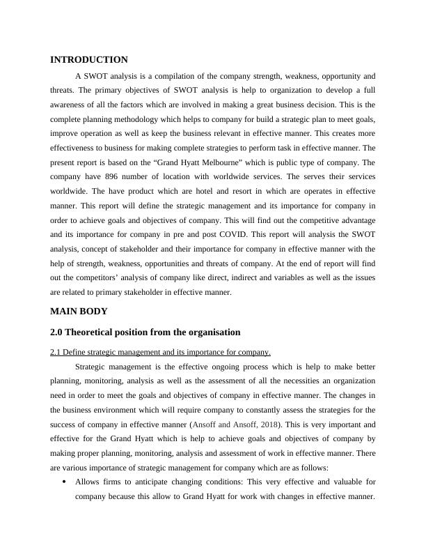 SWOT Analysis of Grand Hyatt Melbourne | Desklib
