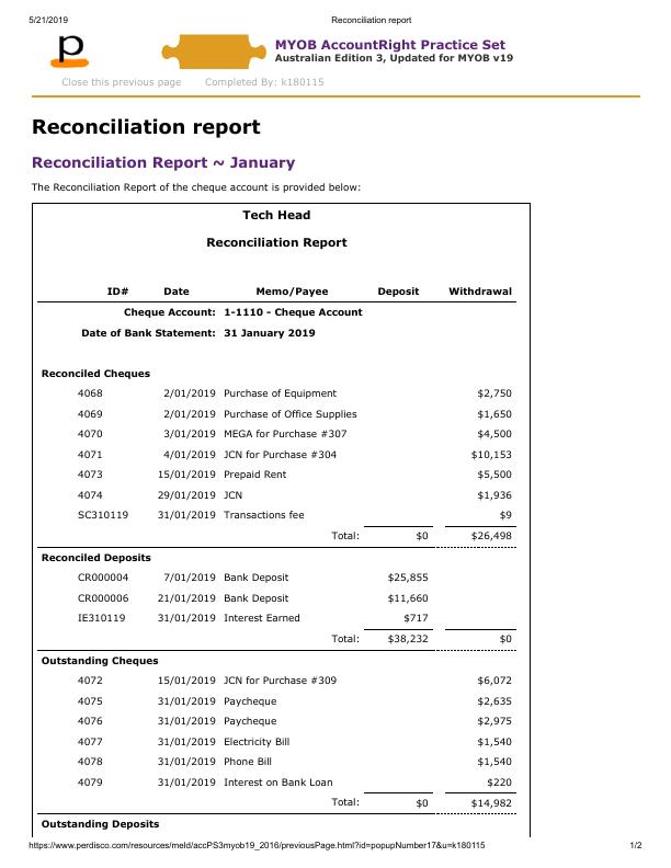 5/21/2019. Reconciliation report. MYOB AccountRight Pra
