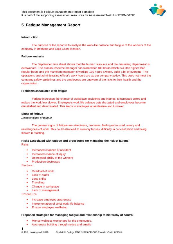 Fatigue Management Report | Assessment Task 2 | BSBMGT605