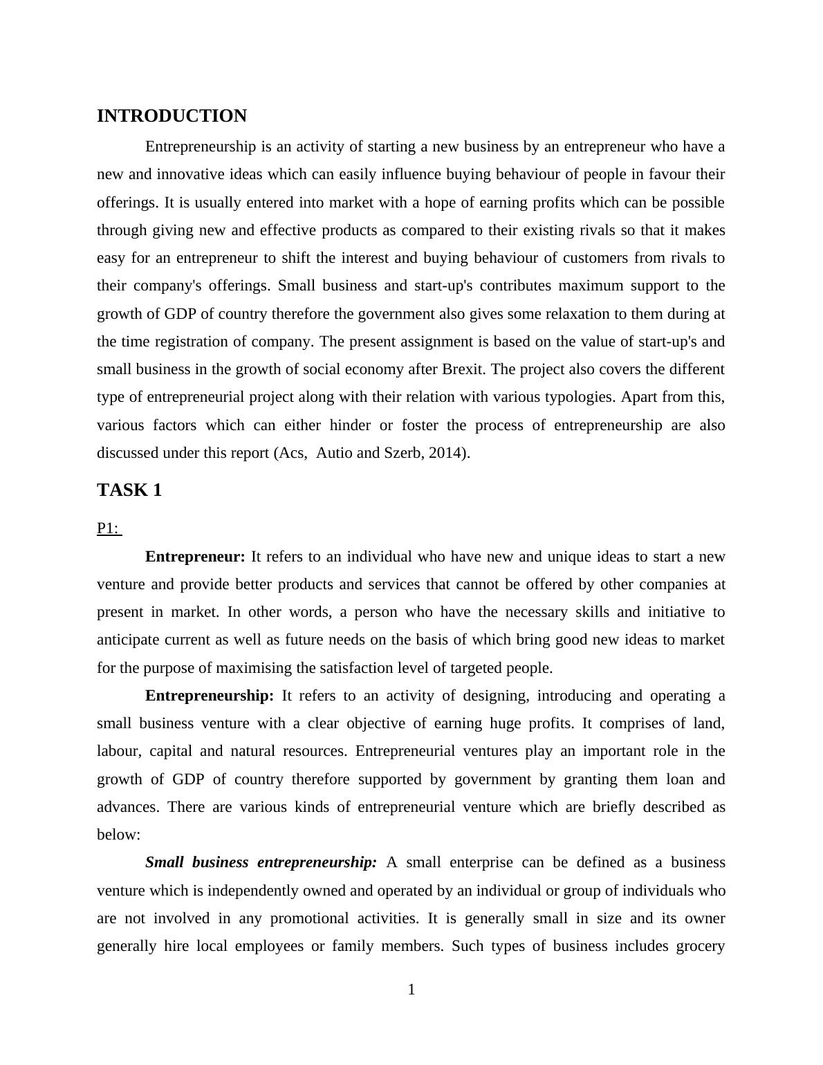 Entrepreneurship Assignment - Small business and start-up's