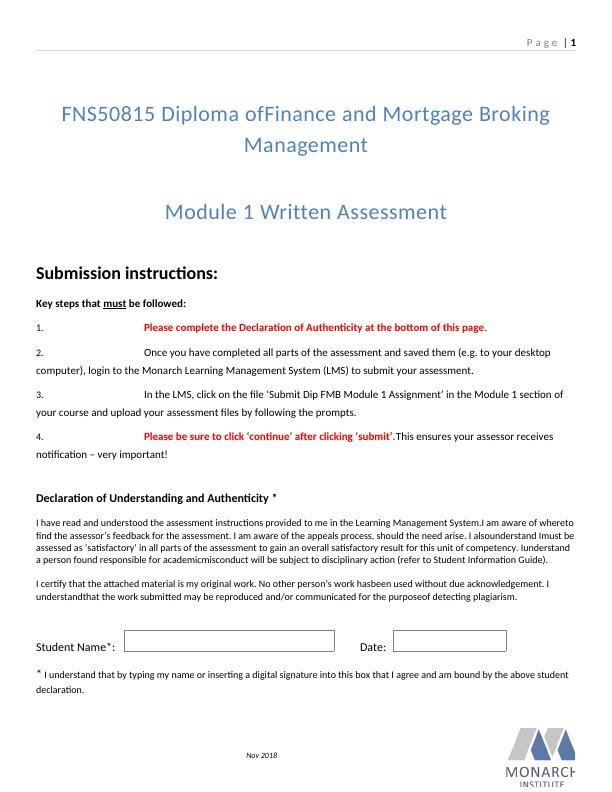 FNS50815 Diploma of Finance and Mortgage Broking Management Module 1 Written Assessment_1
