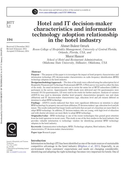 Hotel and IT decision-maker characteristics and information technology adoption relationship in the hotel industry_2