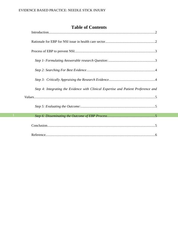 Evidence Based Practise Needle Stick Injury Assignment 2022