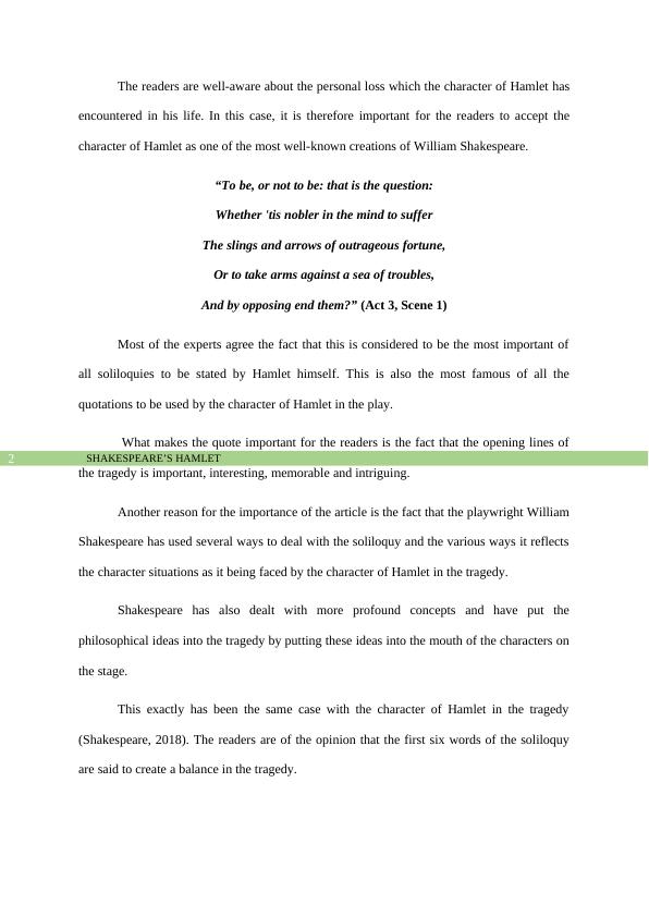 Shakespeare's Hamlet Analysis of Solilo