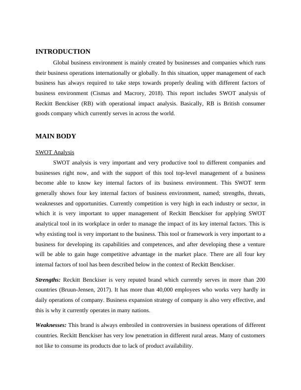 Global Business Environment: SWOT Analysis and Operational Impact Analysis of Reckitt Benckiser_3