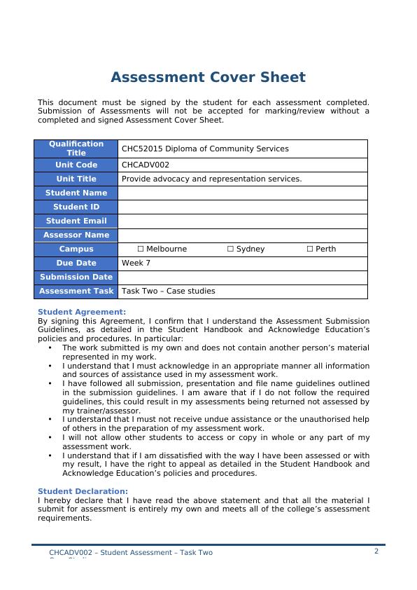 CHCADV002 - Student Assessment - Task Two Case Studies_2