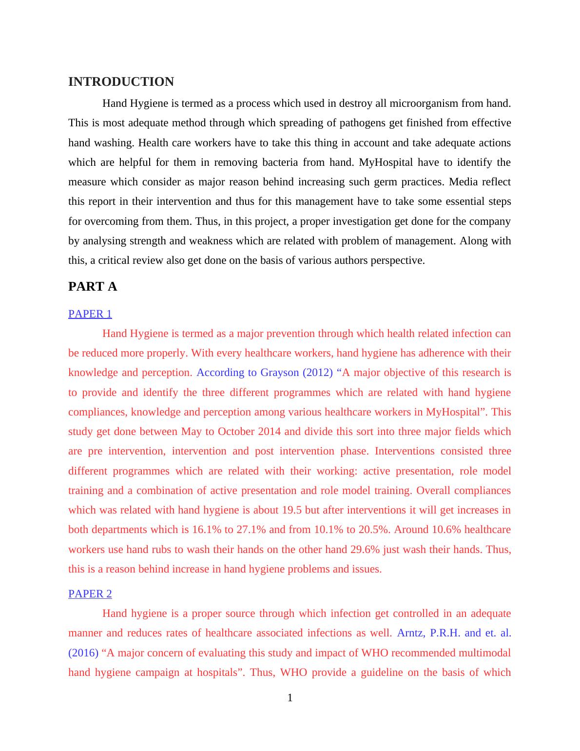 Assignment on Hand Hygiene Intervention