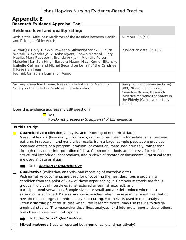 Evidence Level and Quality Appendix E Research Evidence Appraisal Tool Page 6 of 10 Johns Hopkins Nursing Evidence-Based Practice Appendix E Research Evidence Appendix E Research Evidence Appraisal To_1