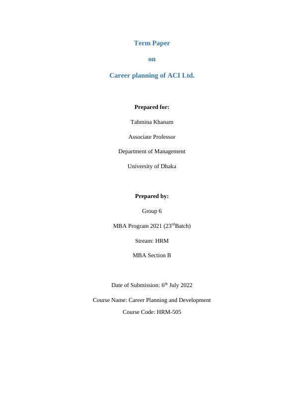 Career planning of ACI Ltd. Term Paper 2022_1