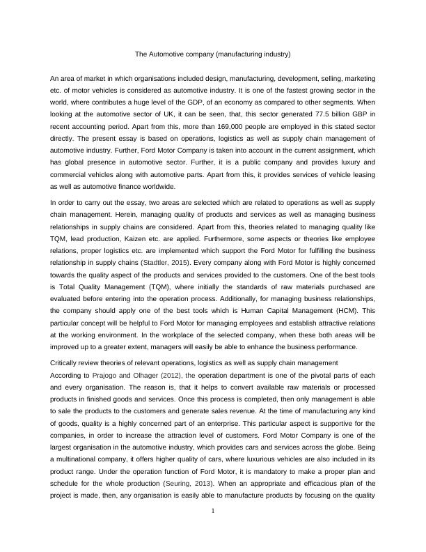 Essay on Supply Chain Management of Automotive Industry - Ford Motor Company_2