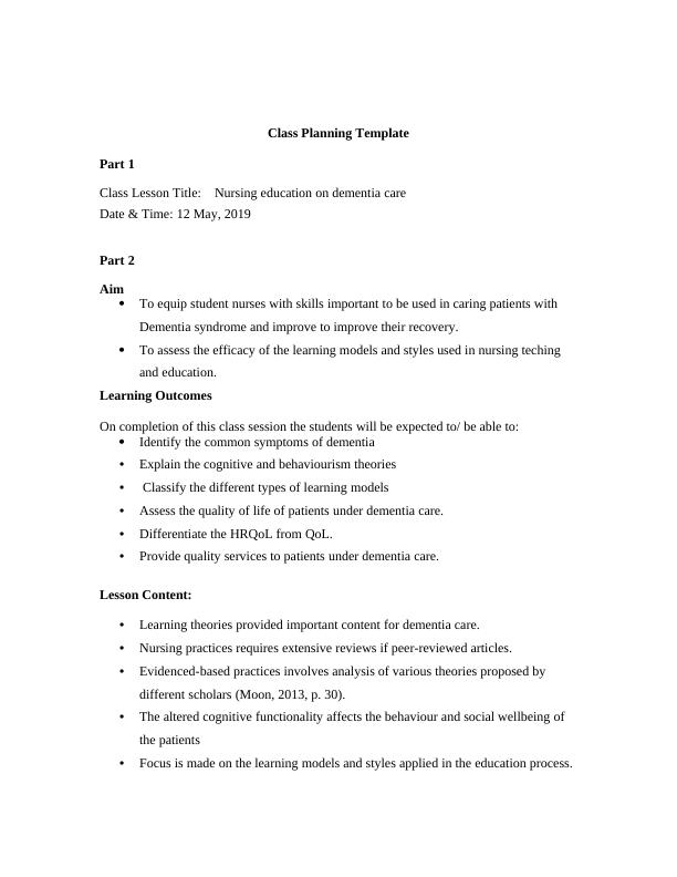 Class Planning Template Part 1 Class Lesson Title:._1