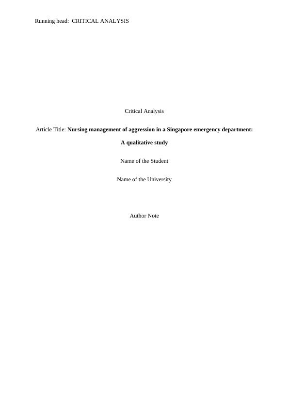 Critical Analysis of Nursing Management of Aggression in a Singapore_1