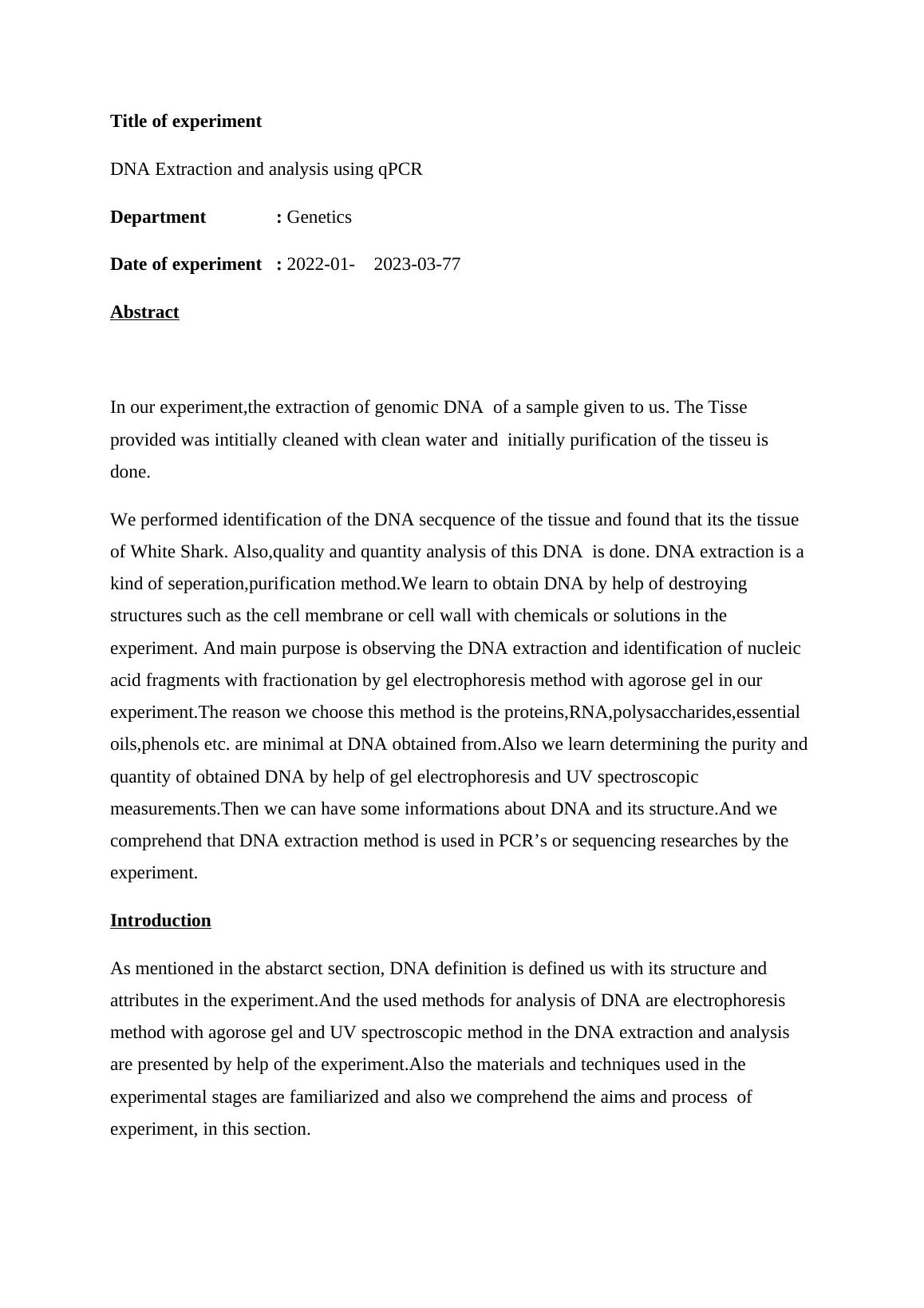 DNA Extraction Process & Analysis of Sample - qPCR