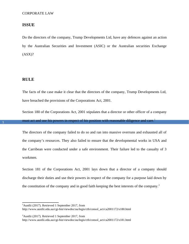 ASIC or ASX defences against the directors of the company, Trump Developments Ltd_2