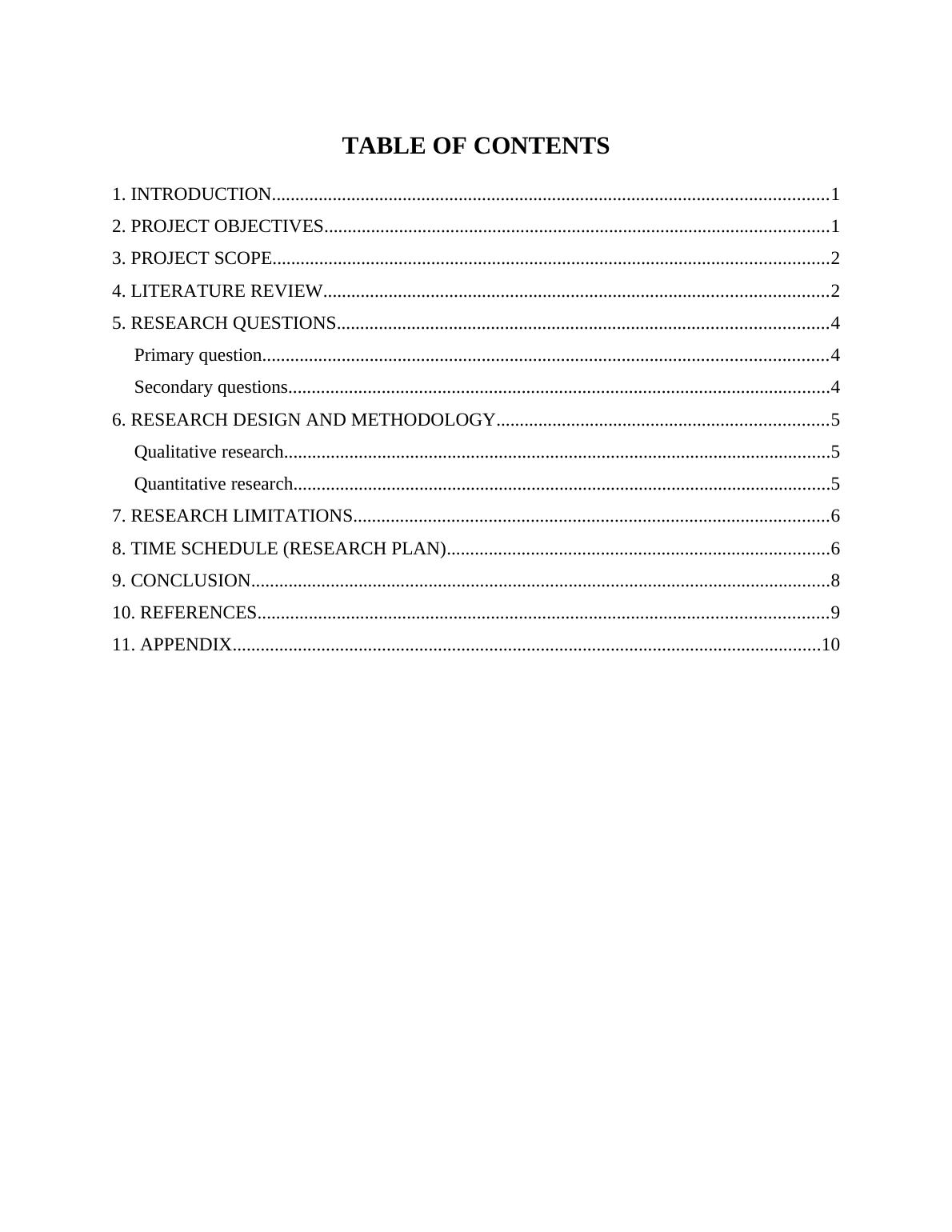table of contents of research proposal