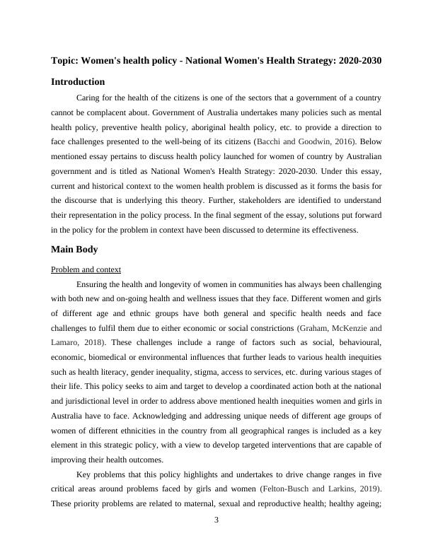 Women's Health Policy National Women's Health Strategy 20202030