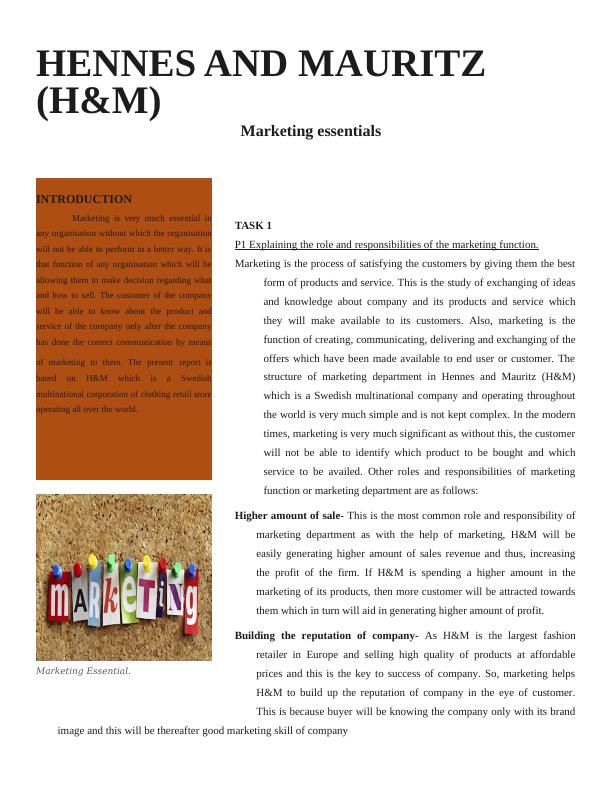 Role and Responsibilities of Marketing Function in H&M_1