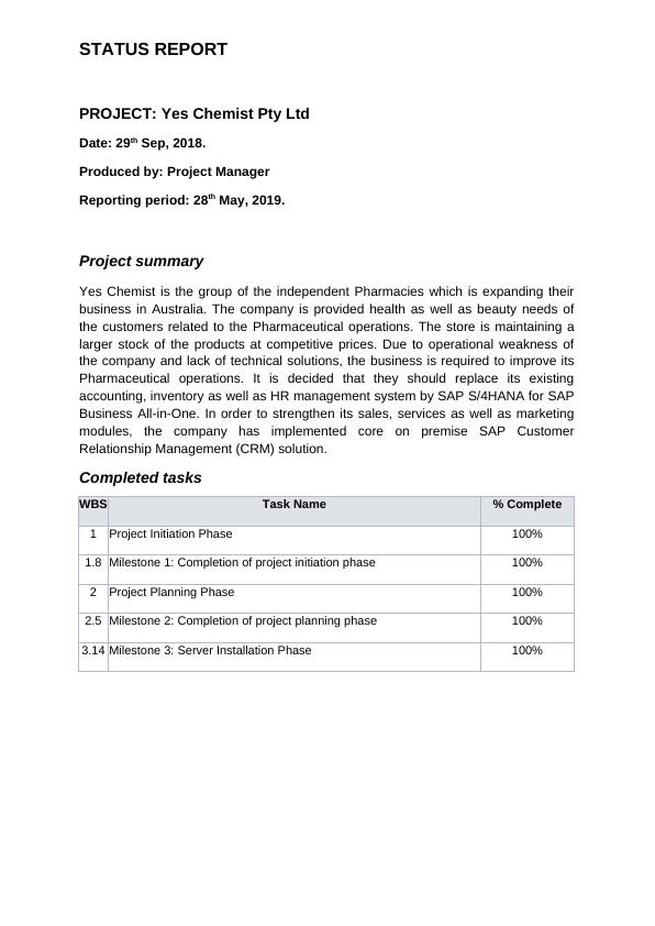 Project Status Report on Yes Chemist Pty Ltd_2