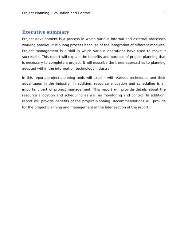Project Planning, Evaluation and Control 16 Running Head Project Planning, Evaluation and Control