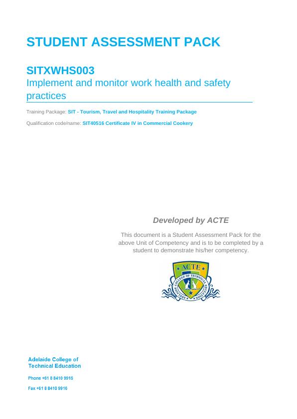 SITXWHS003 Implement and Monitor Work Health and Safety Practices - Student Assessment Pack_1
