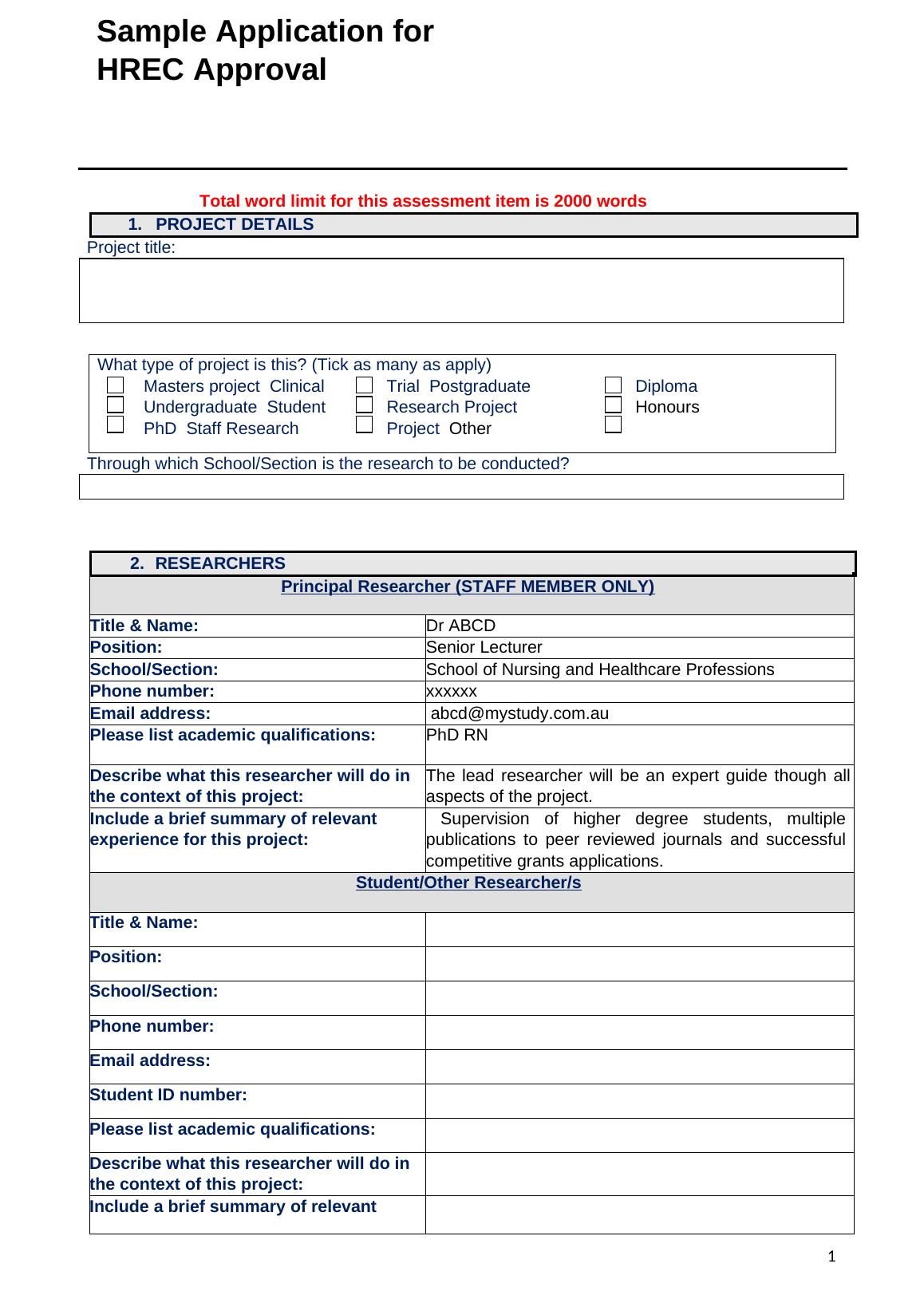 Sample Application for HREC Approval (NURBN3022)