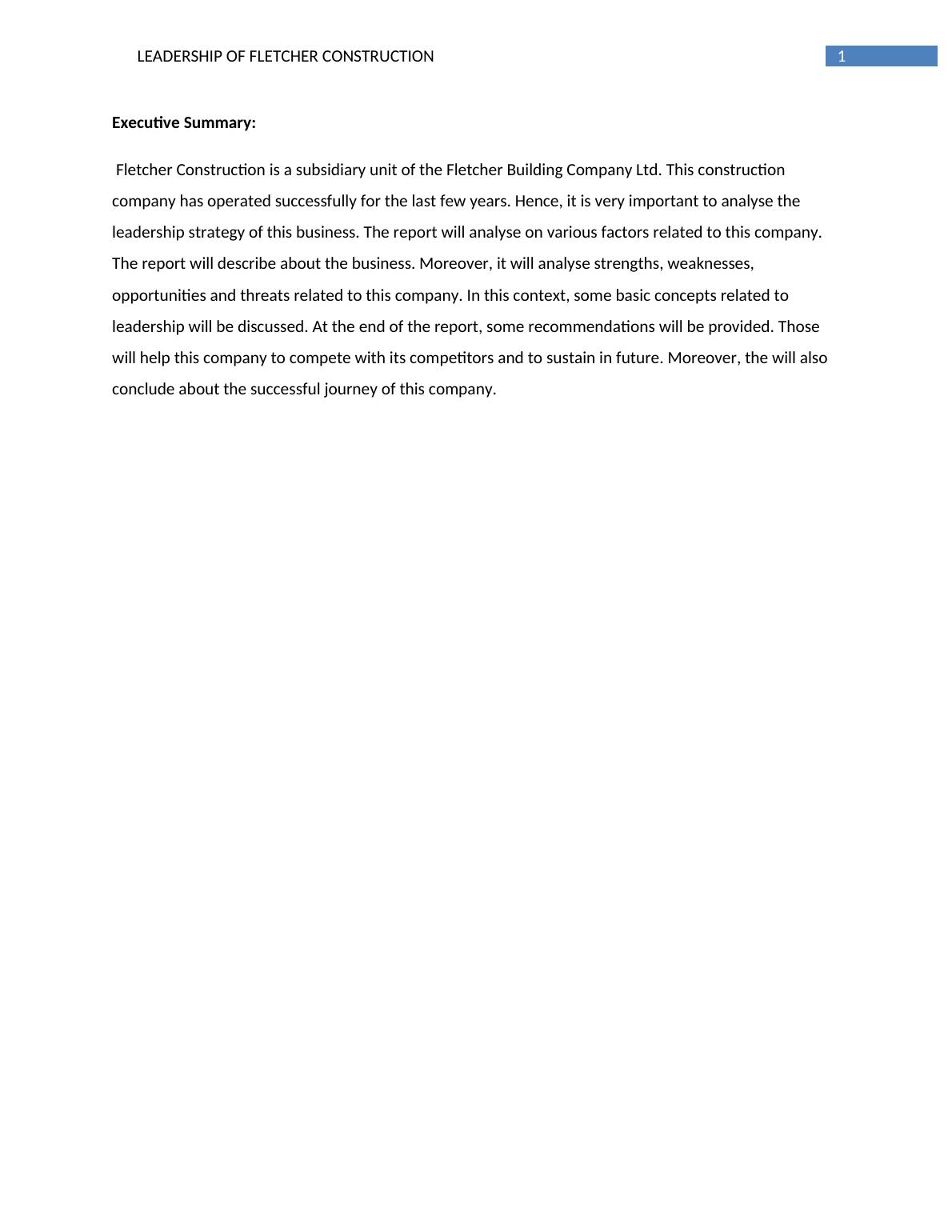 Report on Leadership of Fletcher Construction