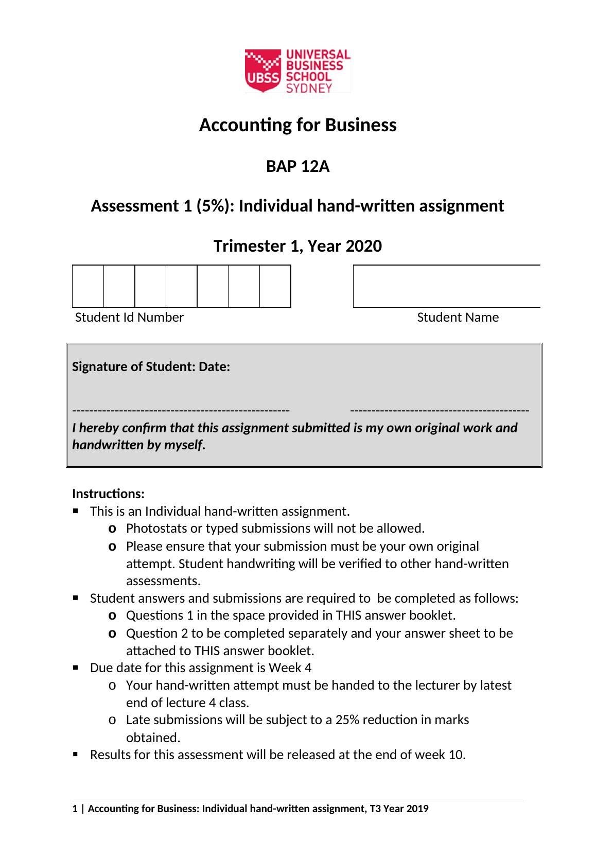 Accounting for Business: Individual Assignment BAP 12A_1
