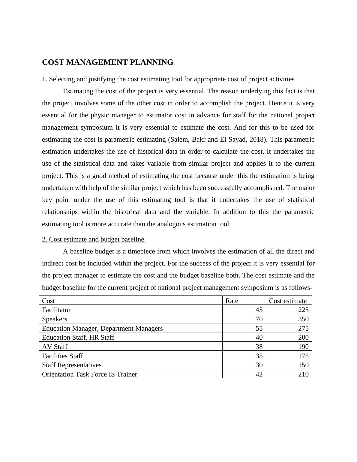 Cost and Quality Management Plans Desklib