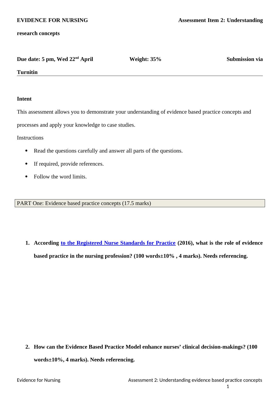 evidence based nursing assignment