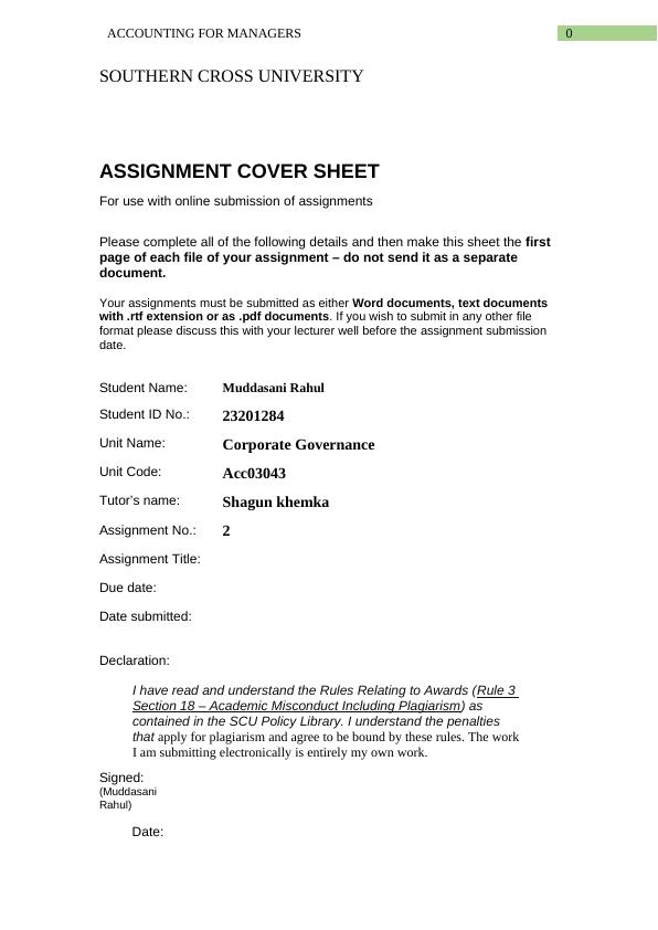 Assignment Cover Sheet for Corporate Governance - Southern Cross University_1