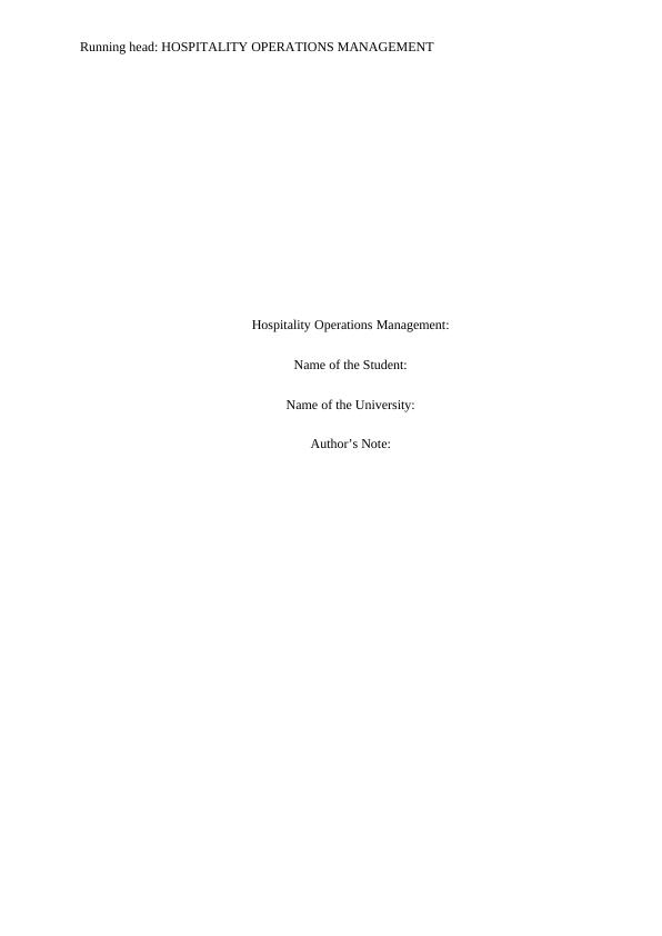 Hospitality Operations Management Essay