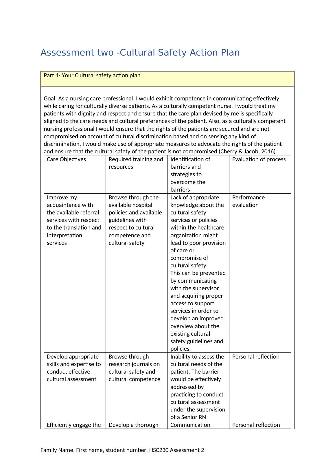 Cultural Safety Action Plan for Nursing Care Professionals