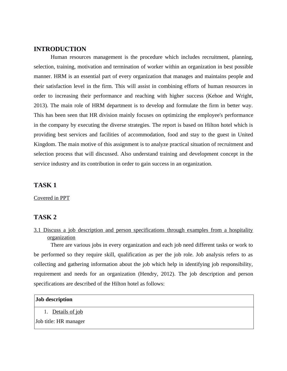 Human Resource Management Assignment Hilton Hotel Uk