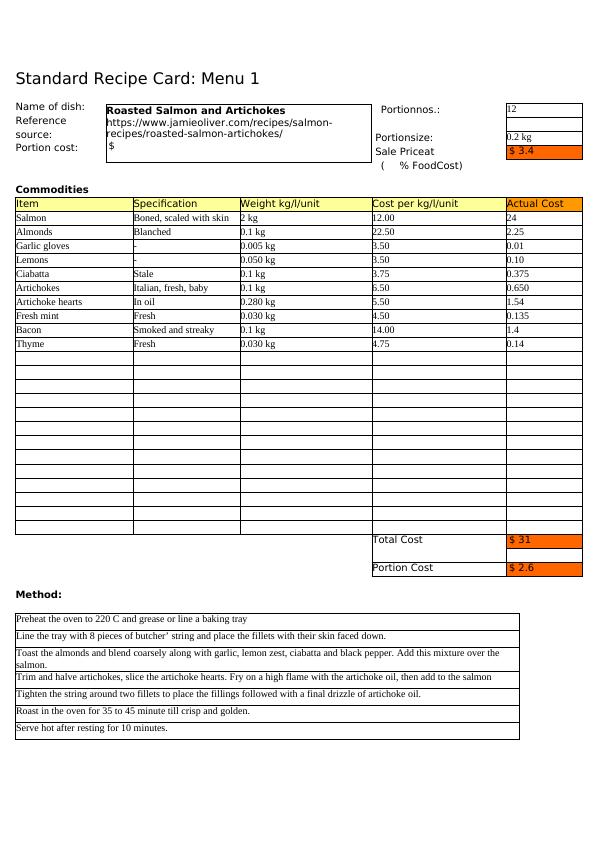 Standard Recipe Card: Menu 1 Name of dish: Reference source: