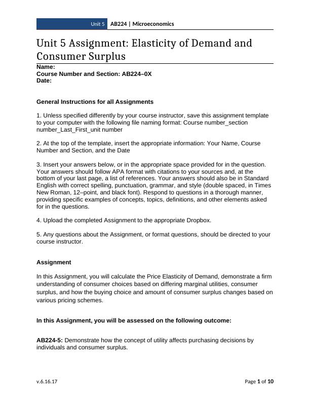 Unit 5 Assignment: Elasticity of Demand and Consumer Surplus_1