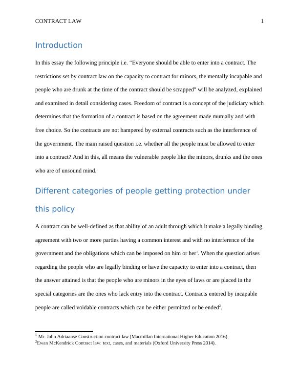 Freedom of Contract in UK: Analysis of Restrictions on Capacity to Contract for Minors, Mentally Incapable and Drunk People_2