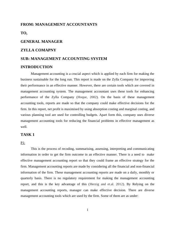 MANAGEMENT ACCOUNTING FROM: MANAGEMENT ACCOUNTANTS 1 TO GENERAL MANAGER 1 ZYLLA COMAPNY SUB: MANAGEMENT ACCOUNTING SYSTEM INTRODUCTION_3