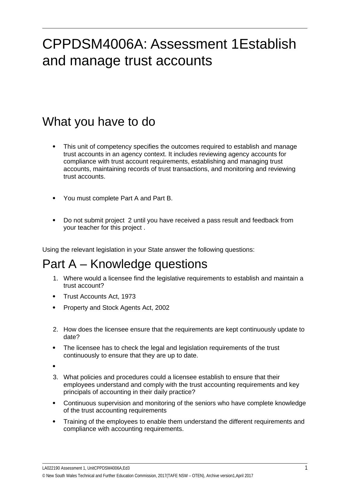 CPPDSM4006A Establish and manage trust accounts