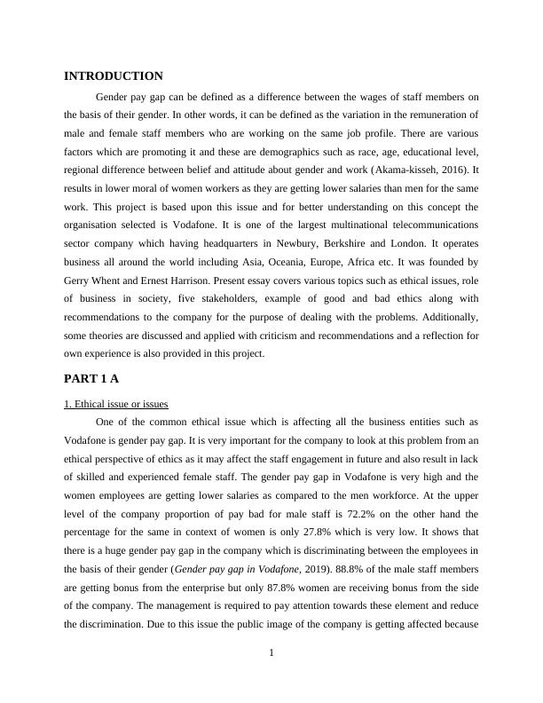 Gender Pay Gap in Vodafone Ethical Issues, Role of Business, Stakeholders, and