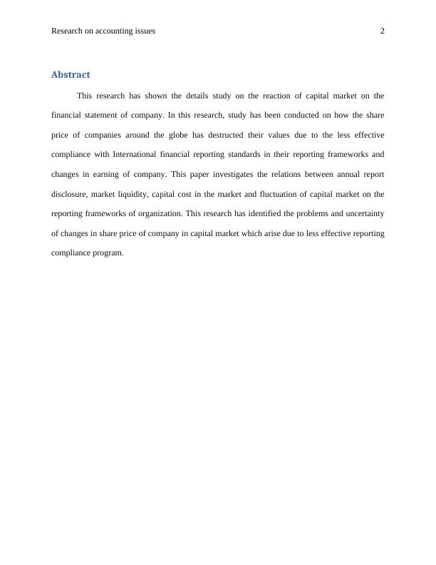 Research on Accounting Issues 7 RUNNING HEAD: Reaction of Capital Market to Financial Reporting_2
