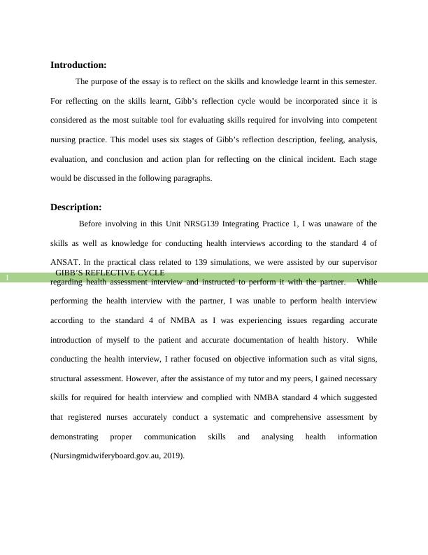 gibbs reflective cycle sample essay