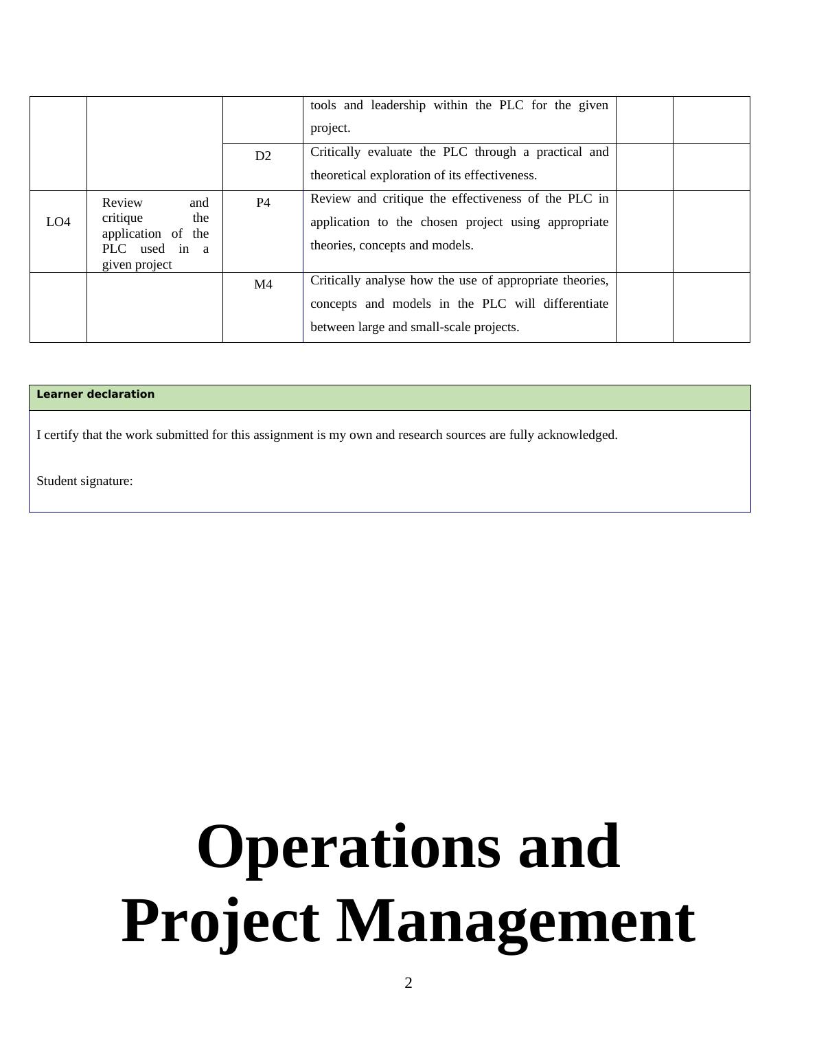 operation and project management assignment