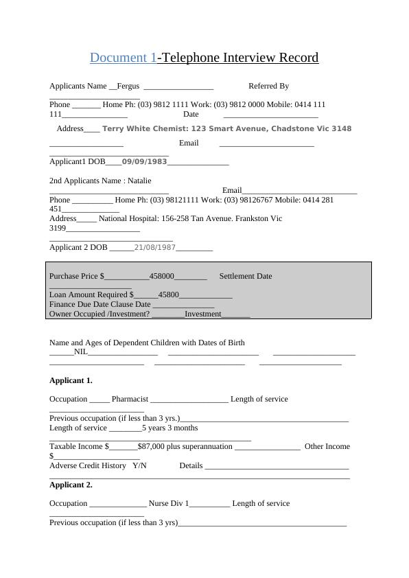 Document Telephone Interview Record