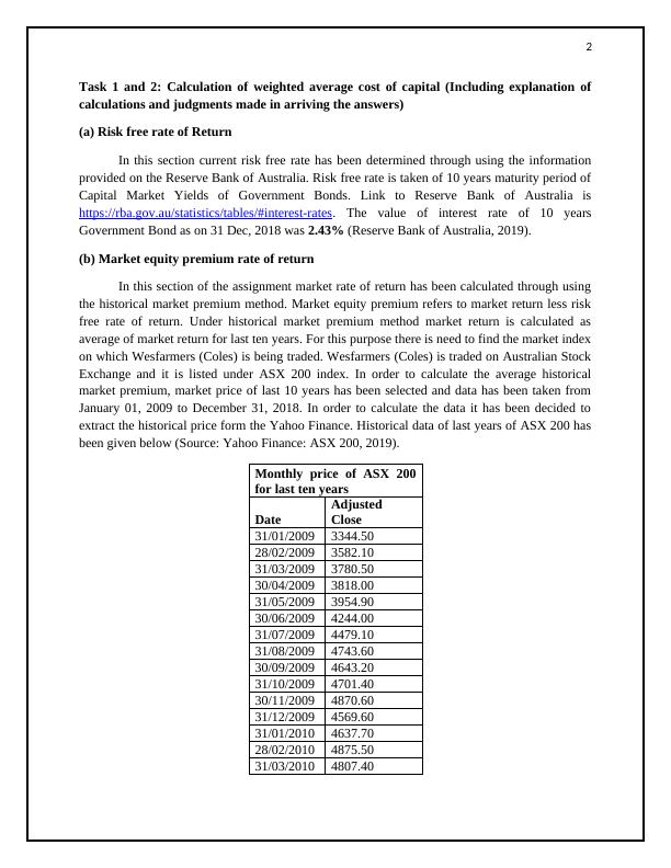 Calculation of Weighted Average Cost of Capital and Gearing Ratios of