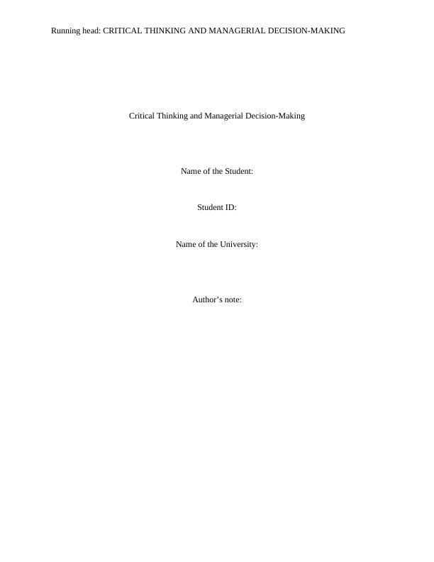 Assignment on Critical Thinking and Managerial Decision-Making_1