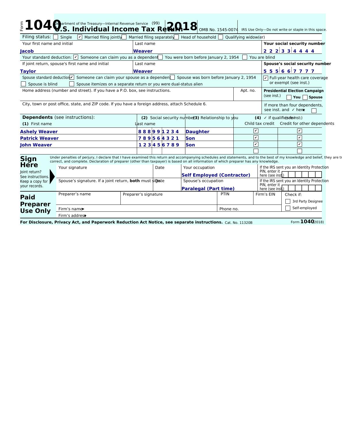 Form 1040 U.S. Individual Income Tax Return 2018