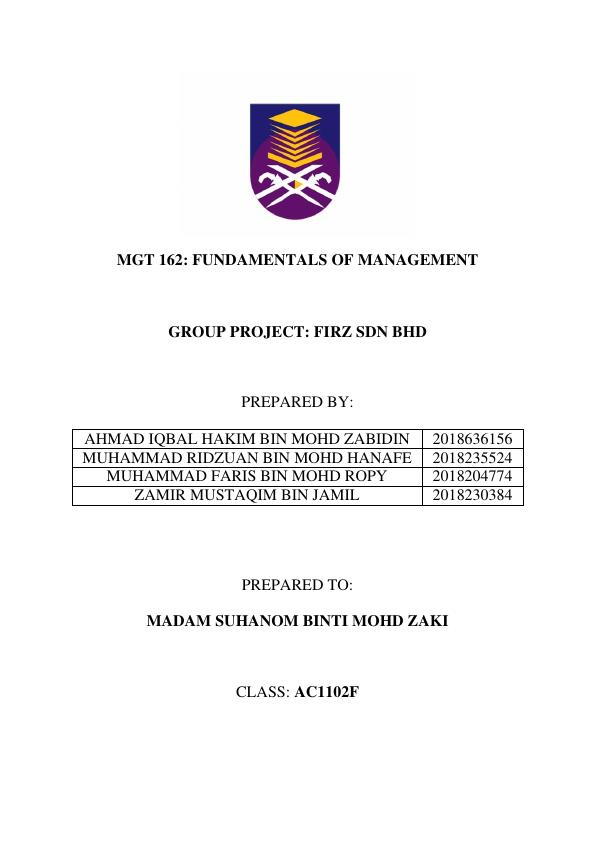 Fundamentals of Management: Group Project - FIRZ SDN BHD_1