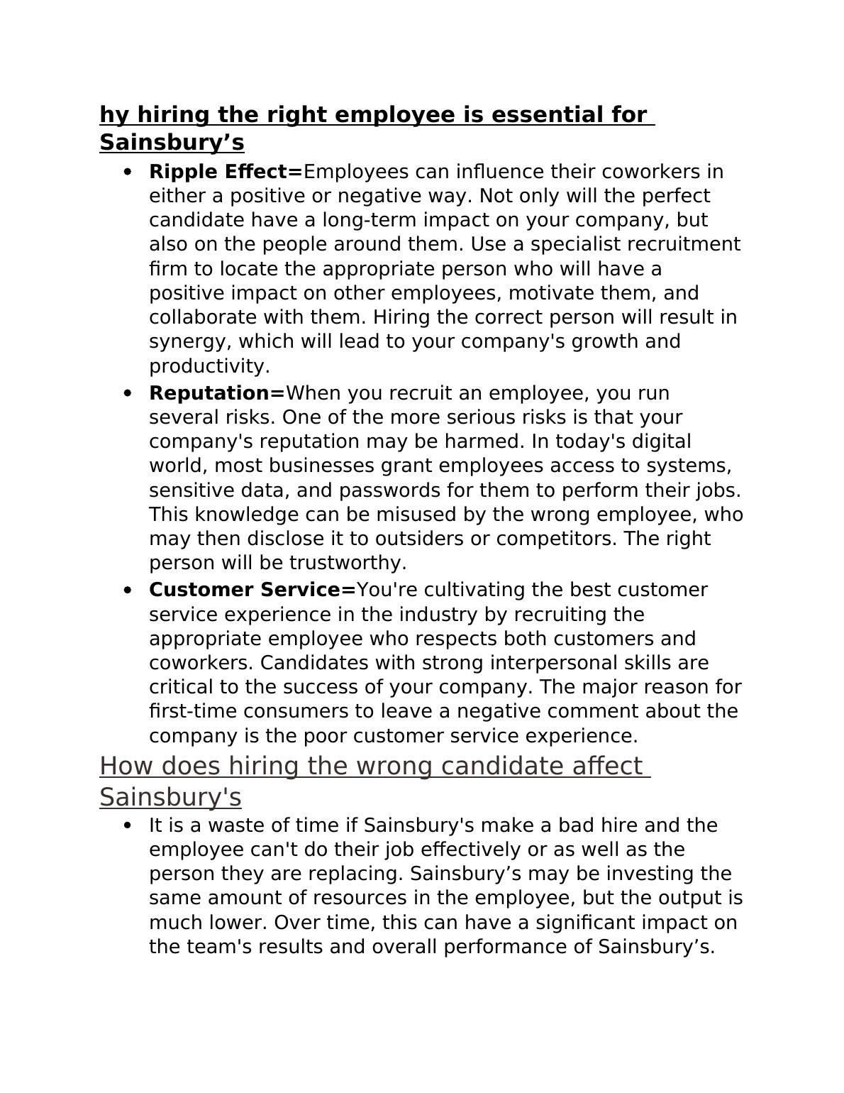 hy hiring the right employee is essential for Sainsbury’s.